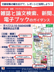 ポスター_雑誌と論文検索、新聞、電子ブックのガイダンス